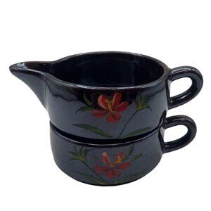 Vintage Redware Stacking Creamer & Sugar Set Hand Painted Red Floral Japan